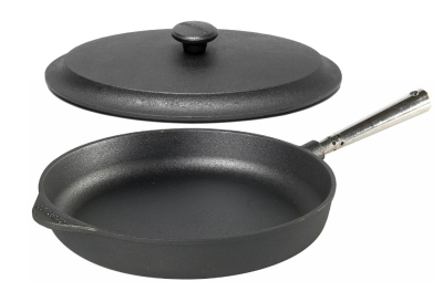 Gusseisen Servierpfanne 28cm mit Rand 5cm mit Edelstahlgriff und Gusseisendeckel Skeppshult