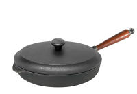 Gusseisen Servierpfanne Ø 28 cm mit Holzgriff Buche £+ Gusseisendeckel, Hohe Kante 5 cm Skeppshult 0130T-JL